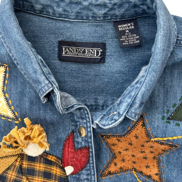 Vintage 90s Lands' End Christmas Americana Embroidered Patchwork  Denim Shirt M - Picture 4 of 7